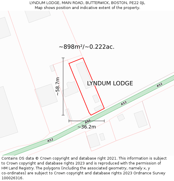 LYNDUM LODGE, MAIN ROAD, BUTTERWICK, BOSTON, PE22 0JL: Plot and title map