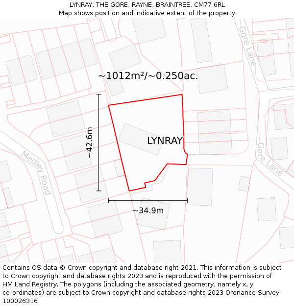 LYNRAY, THE GORE, RAYNE, BRAINTREE, CM77 6RL: Plot and title map