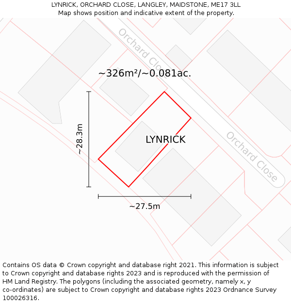 LYNRICK, ORCHARD CLOSE, LANGLEY, MAIDSTONE, ME17 3LL: Plot and title map