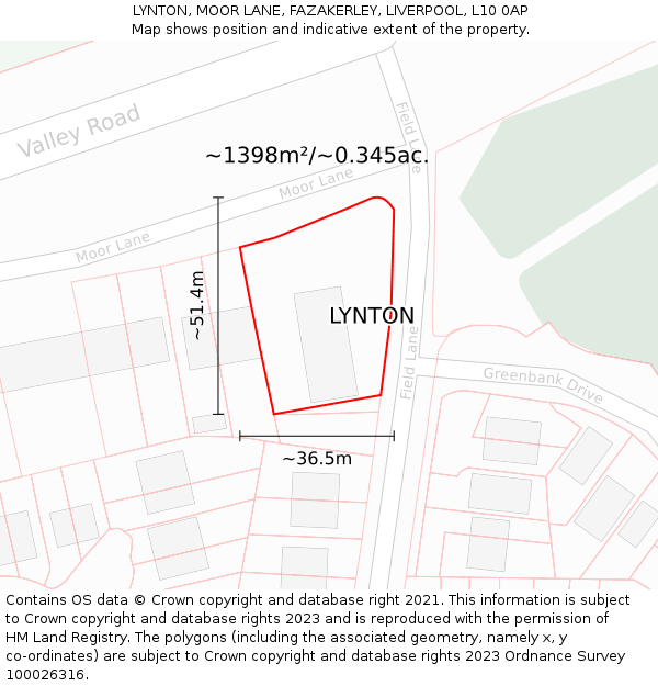LYNTON, MOOR LANE, FAZAKERLEY, LIVERPOOL, L10 0AP: Plot and title map