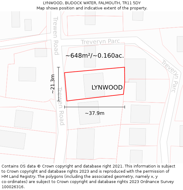 LYNWOOD, BUDOCK WATER, FALMOUTH, TR11 5DY: Plot and title map