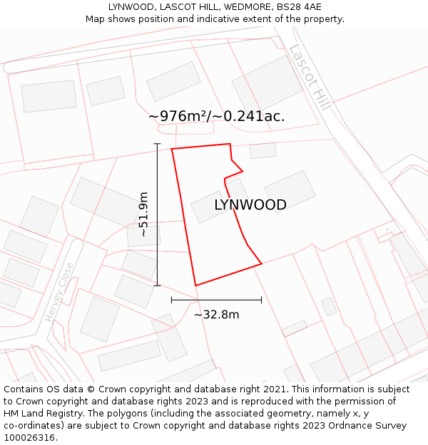 LYNWOOD, LASCOT HILL, WEDMORE, BS28 4AE: Plot and title map