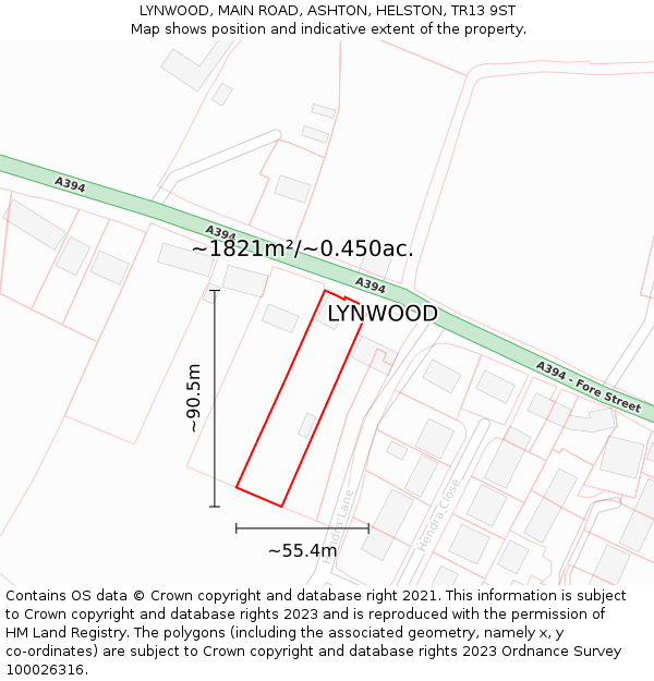 LYNWOOD, MAIN ROAD, ASHTON, HELSTON, TR13 9ST: Plot and title map