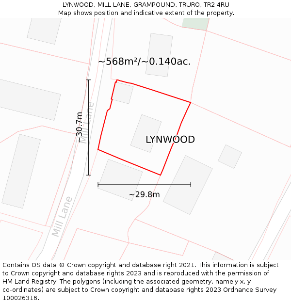 LYNWOOD, MILL LANE, GRAMPOUND, TRURO, TR2 4RU: Plot and title map