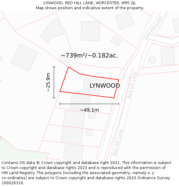 LYNWOOD, RED HILL LANE, WORCESTER, WR5 2JL: Plot and title map