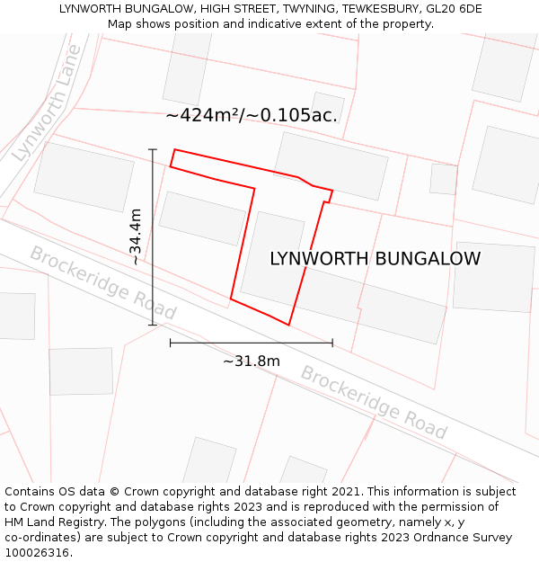 LYNWORTH BUNGALOW, HIGH STREET, TWYNING, TEWKESBURY, GL20 6DE: Plot and title map