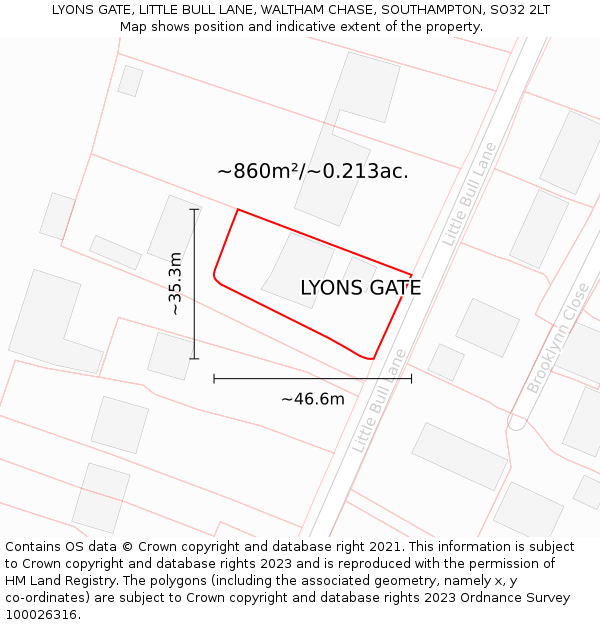 LYONS GATE, LITTLE BULL LANE, WALTHAM CHASE, SOUTHAMPTON, SO32 2LT: Plot and title map