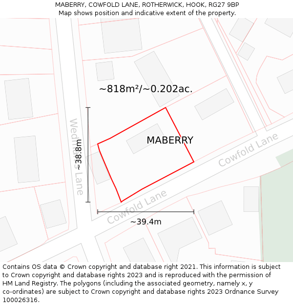 MABERRY, COWFOLD LANE, ROTHERWICK, HOOK, RG27 9BP: Plot and title map