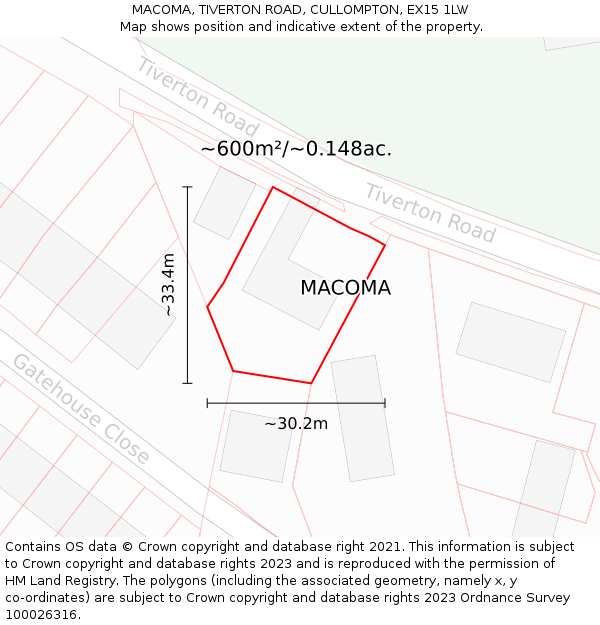 MACOMA, TIVERTON ROAD, CULLOMPTON, EX15 1LW: Plot and title map