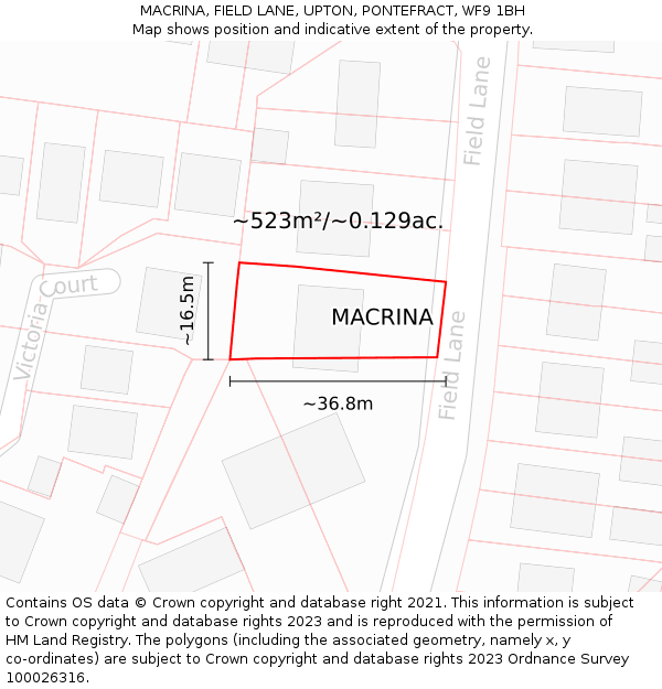 MACRINA, FIELD LANE, UPTON, PONTEFRACT, WF9 1BH: Plot and title map