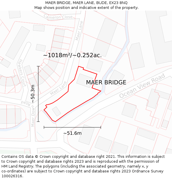 MAER BRIDGE, MAER LANE, BUDE, EX23 8NQ: Plot and title map