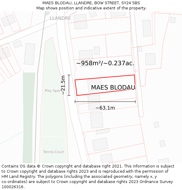 MAES BLODAU, LLANDRE, BOW STREET, SY24 5BS: Plot and title map