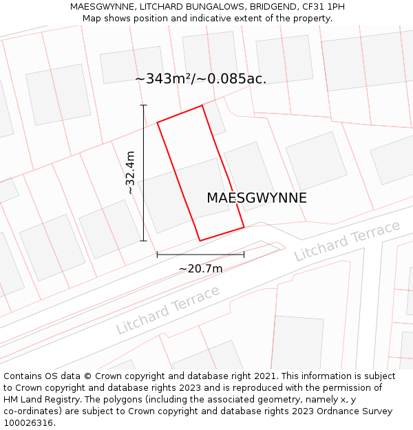 MAESGWYNNE, LITCHARD BUNGALOWS, BRIDGEND, CF31 1PH: Plot and title map