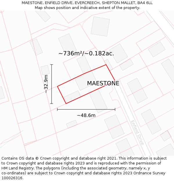 MAESTONE, ENFIELD DRIVE, EVERCREECH, SHEPTON MALLET, BA4 6LL: Plot and title map