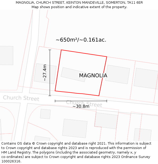 MAGNOLIA, CHURCH STREET, KEINTON MANDEVILLE, SOMERTON, TA11 6ER: Plot and title map