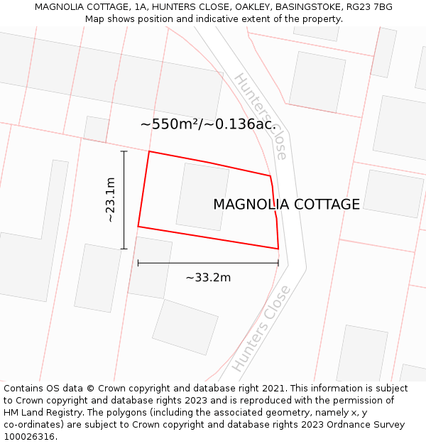MAGNOLIA COTTAGE, 1A, HUNTERS CLOSE, OAKLEY, BASINGSTOKE, RG23 7BG: Plot and title map