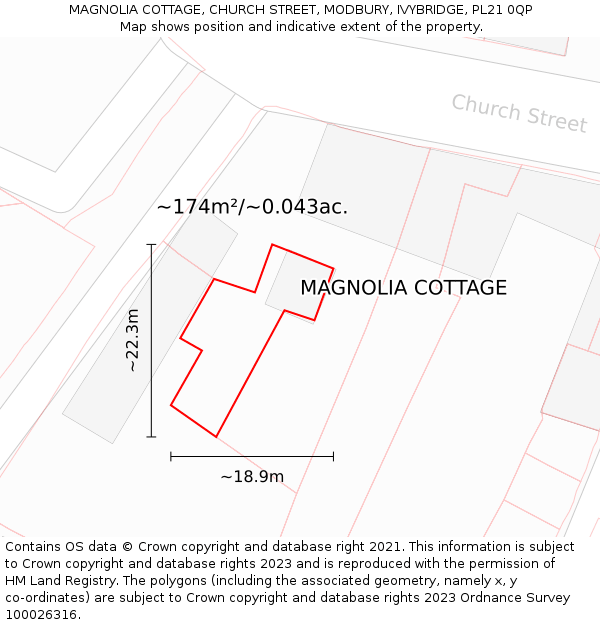 MAGNOLIA COTTAGE, CHURCH STREET, MODBURY, IVYBRIDGE, PL21 0QP: Plot and title map
