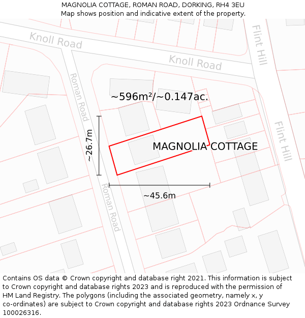 MAGNOLIA COTTAGE, ROMAN ROAD, DORKING, RH4 3EU: Plot and title map