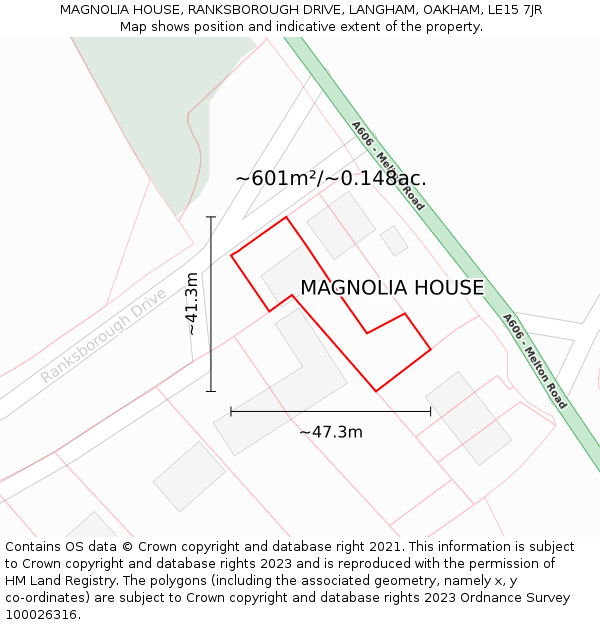 MAGNOLIA HOUSE, RANKSBOROUGH DRIVE, LANGHAM, OAKHAM, LE15 7JR: Plot and title map