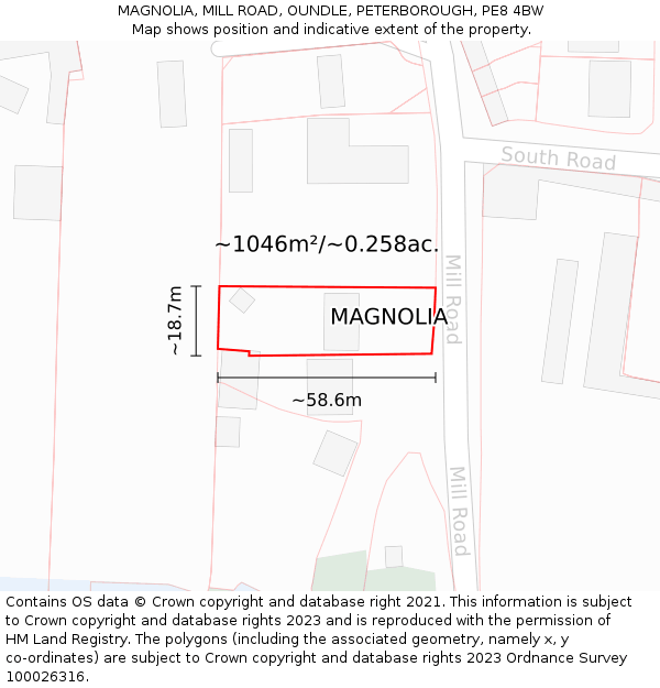 MAGNOLIA, MILL ROAD, OUNDLE, PETERBOROUGH, PE8 4BW: Plot and title map