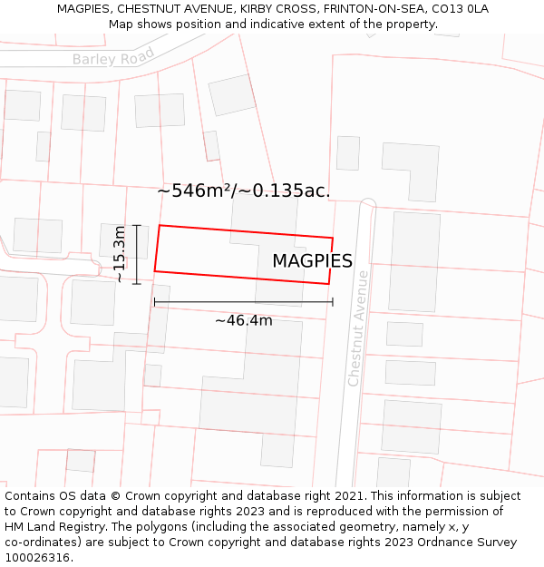 MAGPIES, CHESTNUT AVENUE, KIRBY CROSS, FRINTON-ON-SEA, CO13 0LA: Plot and title map