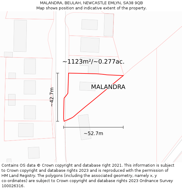 MALANDRA, BEULAH, NEWCASTLE EMLYN, SA38 9QB: Plot and title map