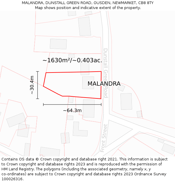 MALANDRA, DUNSTALL GREEN ROAD, OUSDEN, NEWMARKET, CB8 8TY: Plot and title map