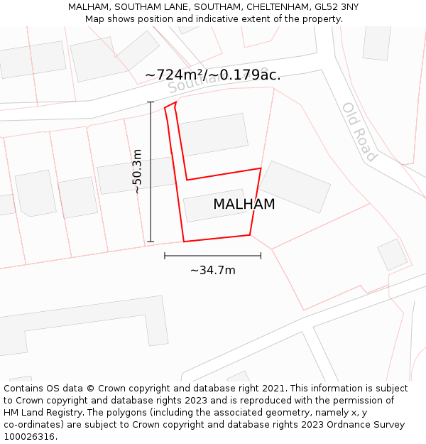 MALHAM, SOUTHAM LANE, SOUTHAM, CHELTENHAM, GL52 3NY: Plot and title map