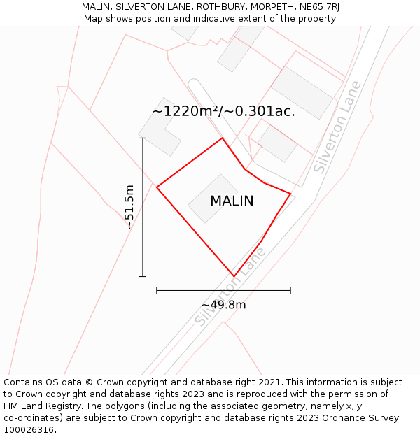 MALIN, SILVERTON LANE, ROTHBURY, MORPETH, NE65 7RJ: Plot and title map