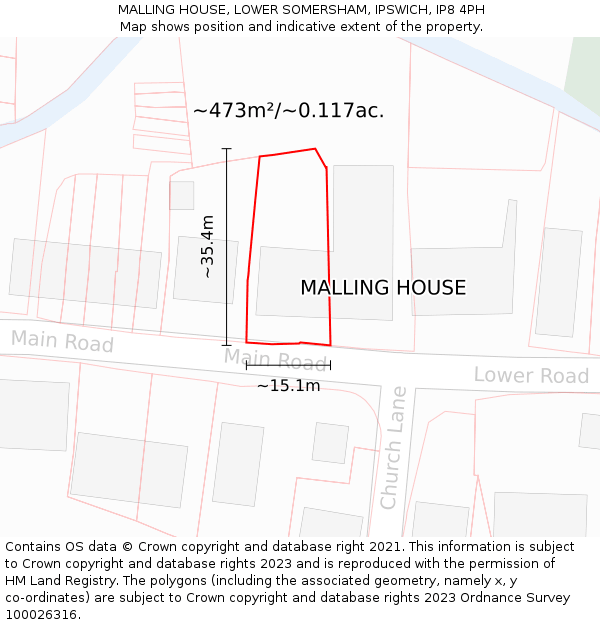 MALLING HOUSE, LOWER SOMERSHAM, IPSWICH, IP8 4PH: Plot and title map