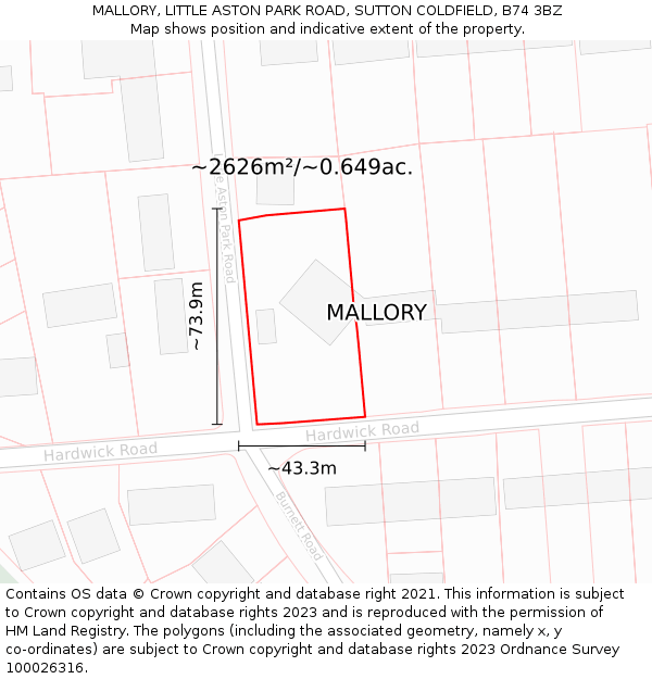 MALLORY, LITTLE ASTON PARK ROAD, SUTTON COLDFIELD, B74 3BZ: Plot and title map