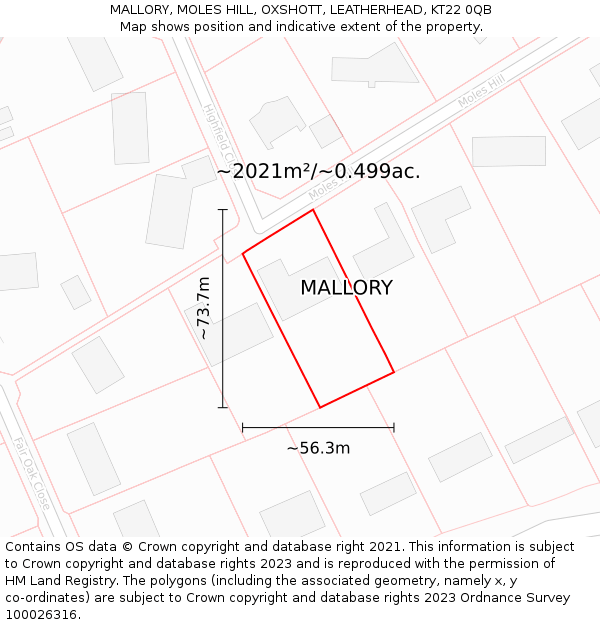 MALLORY, MOLES HILL, OXSHOTT, LEATHERHEAD, KT22 0QB: Plot and title map