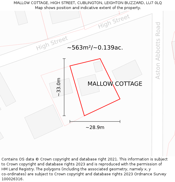 MALLOW COTTAGE, HIGH STREET, CUBLINGTON, LEIGHTON BUZZARD, LU7 0LQ: Plot and title map
