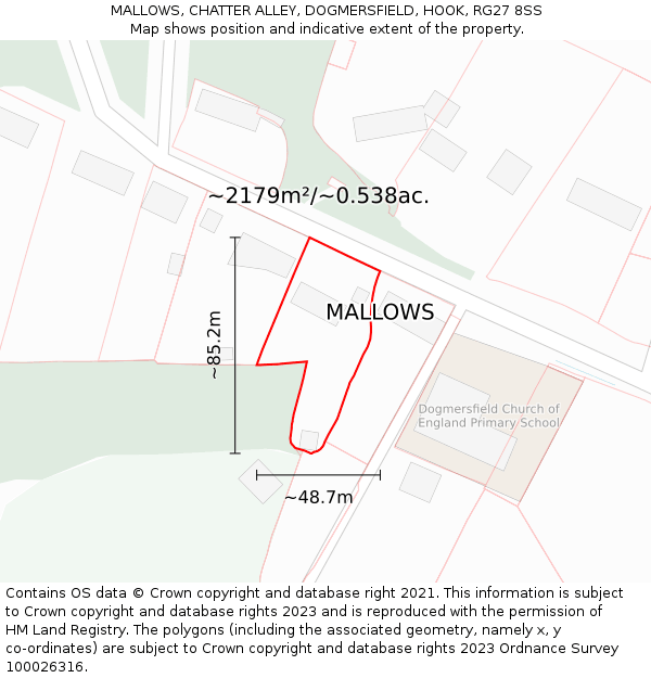 MALLOWS, CHATTER ALLEY, DOGMERSFIELD, HOOK, RG27 8SS: Plot and title map