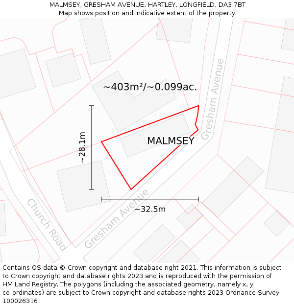 MALMSEY, GRESHAM AVENUE, HARTLEY, LONGFIELD, DA3 7BT: Plot and title map