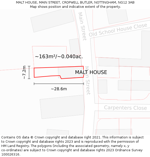 MALT HOUSE, MAIN STREET, CROPWELL BUTLER, NOTTINGHAM, NG12 3AB: Plot and title map