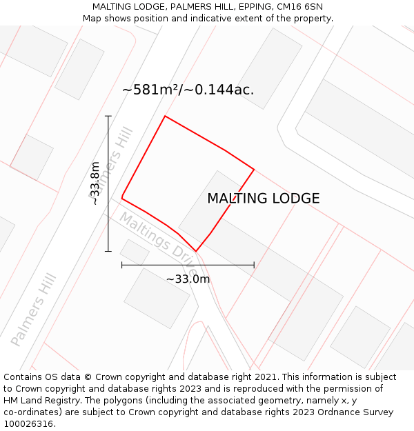 MALTING LODGE, PALMERS HILL, EPPING, CM16 6SN: Plot and title map