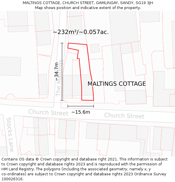 MALTINGS COTTAGE, CHURCH STREET, GAMLINGAY, SANDY, SG19 3JH: Plot and title map