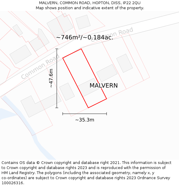MALVERN, COMMON ROAD, HOPTON, DISS, IP22 2QU: Plot and title map