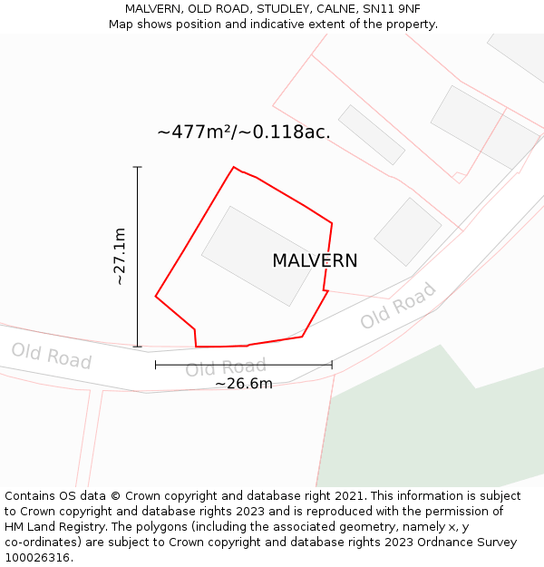 MALVERN, OLD ROAD, STUDLEY, CALNE, SN11 9NF: Plot and title map