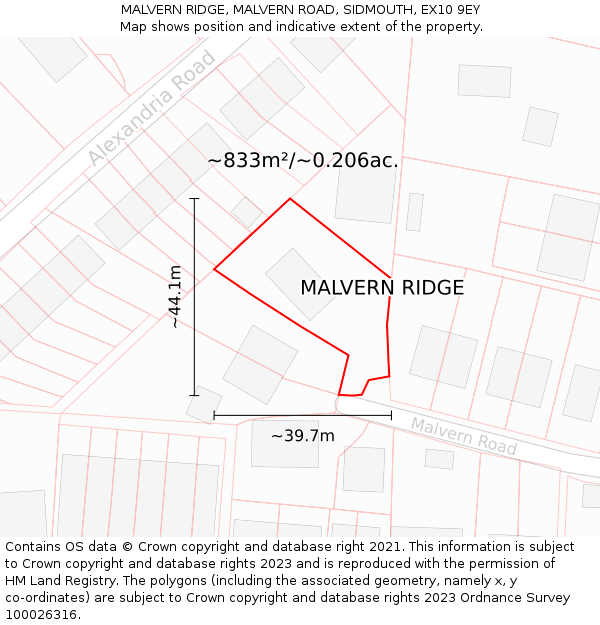 MALVERN RIDGE, MALVERN ROAD, SIDMOUTH, EX10 9EY: Plot and title map