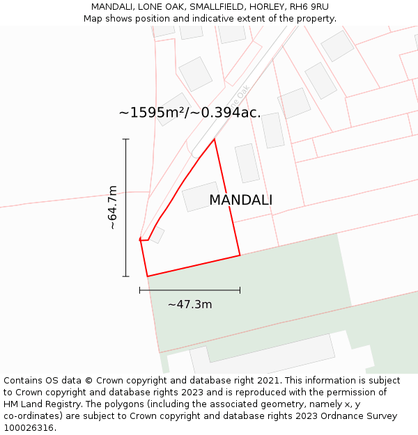 MANDALI, LONE OAK, SMALLFIELD, HORLEY, RH6 9RU: Plot and title map