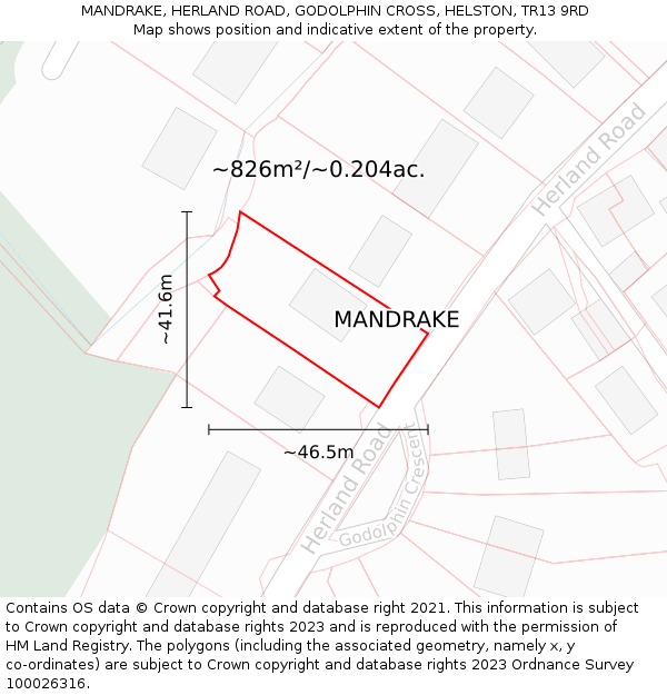MANDRAKE, HERLAND ROAD, GODOLPHIN CROSS, HELSTON, TR13 9RD: Plot and title map