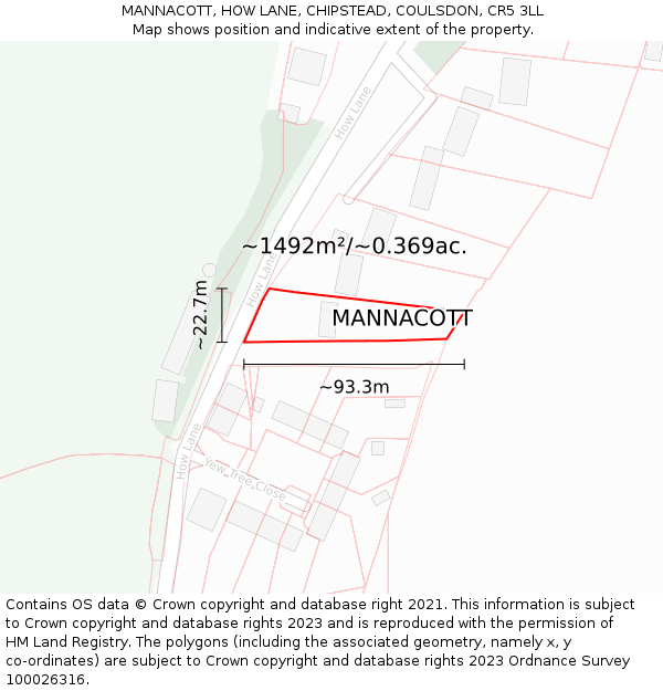 MANNACOTT, HOW LANE, CHIPSTEAD, COULSDON, CR5 3LL: Plot and title map