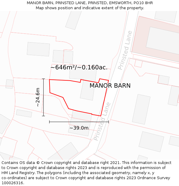 MANOR BARN, PRINSTED LANE, PRINSTED, EMSWORTH, PO10 8HR: Plot and title map
