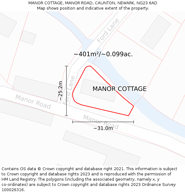 MANOR COTTAGE, MANOR ROAD, CAUNTON, NEWARK, NG23 6AD: Plot and title map