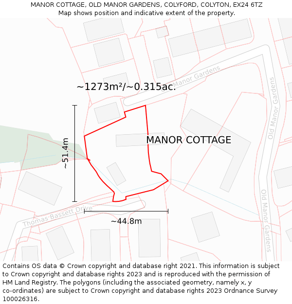 MANOR COTTAGE, OLD MANOR GARDENS, COLYFORD, COLYTON, EX24 6TZ: Plot and title map