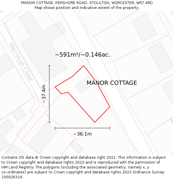 MANOR COTTAGE, PERSHORE ROAD, STOULTON, WORCESTER, WR7 4RD: Plot and title map