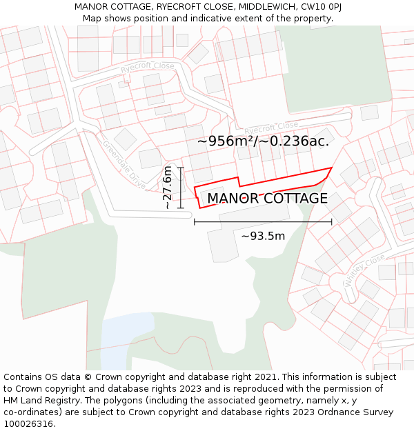 MANOR COTTAGE, RYECROFT CLOSE, MIDDLEWICH, CW10 0PJ: Plot and title map