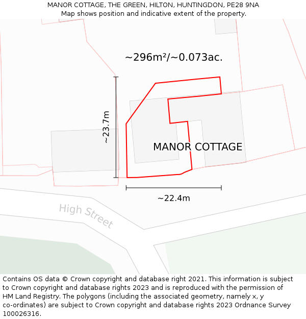 MANOR COTTAGE, THE GREEN, HILTON, HUNTINGDON, PE28 9NA: Plot and title map